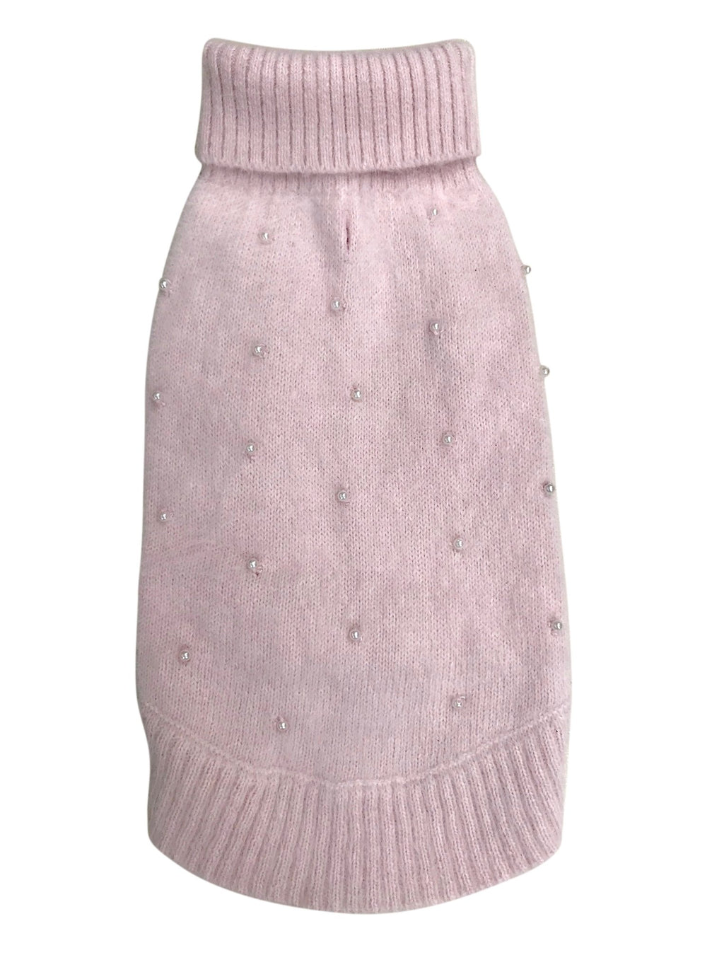 Blush knit dog sweater with pearl-like dot accents and ribbed high collar