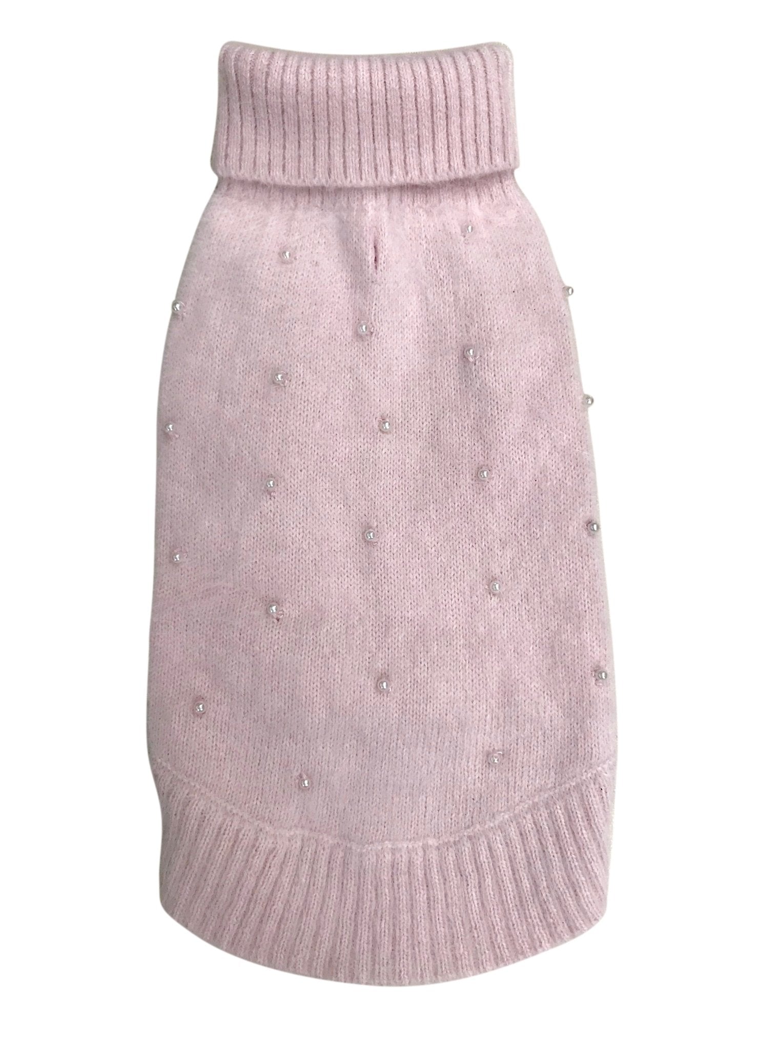 Blush knit dog sweater with pearl-like dot accents and ribbed high collar