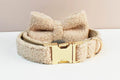 Beige teddy dog collar set with gold hardware and soft plush texture