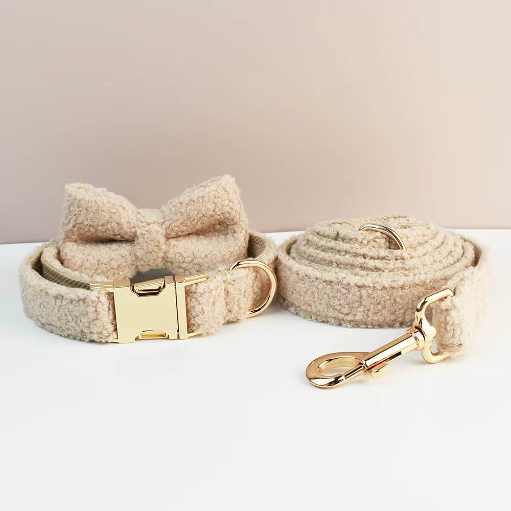 Personalized Beige Teddy Classic Set Fursace Luxury Dog Plush Toy - Collar + Leash + Bowtie Red Squeaky | Cookies Wagging Friends Boutique Cookies Wagging Friends Boutique