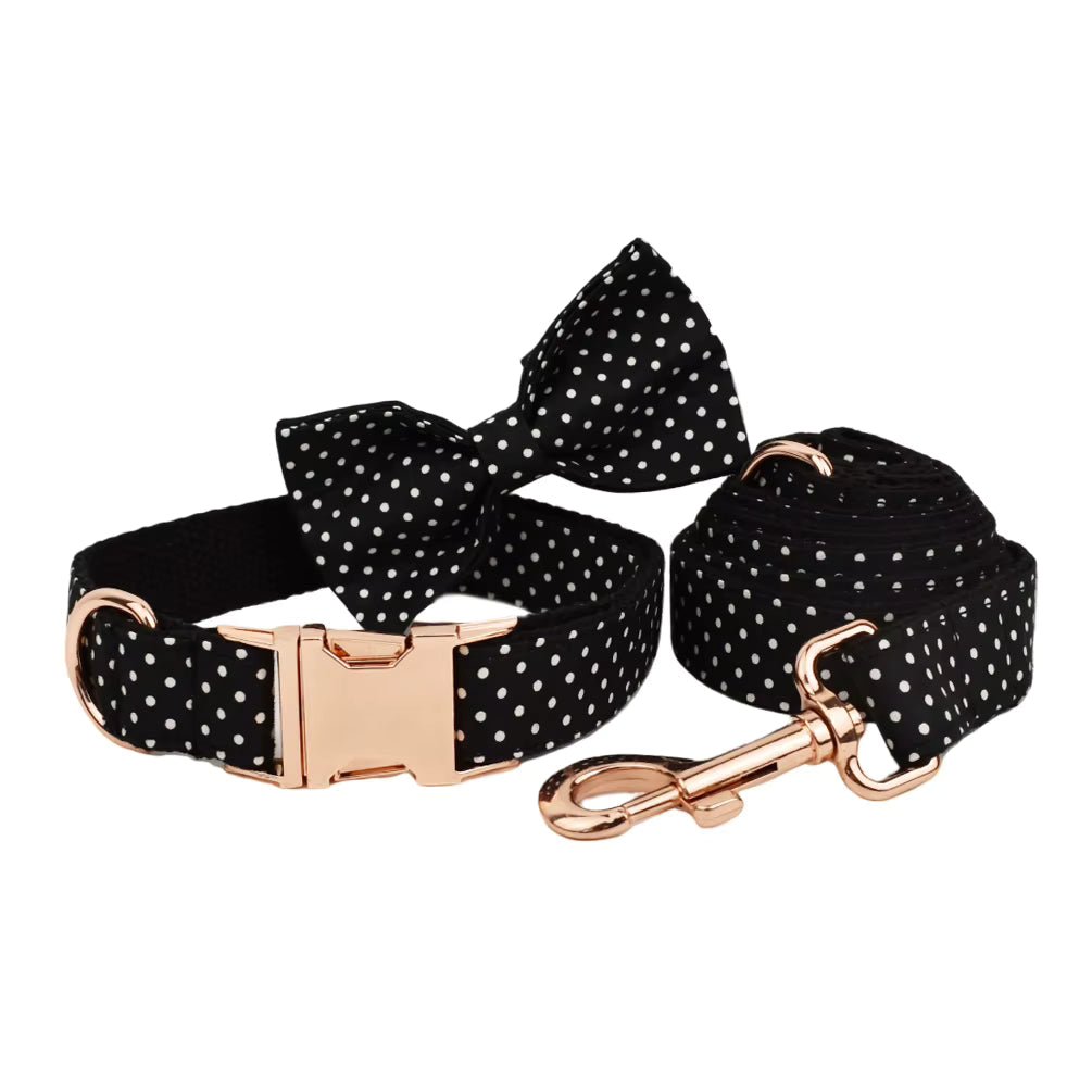 Personalized Black Polka Dot Classic Set Fursace Luxury Dog Plush Toy - Collar + Leash + Bowtie Red Squeaky | Cookies Wagging Friends Boutique Cookies Wagging Friends Boutique