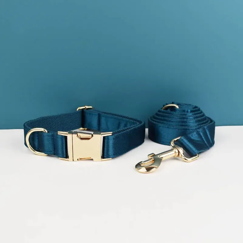 Blue-green satin dog collar and short leash set with gold-tone clasp hardware