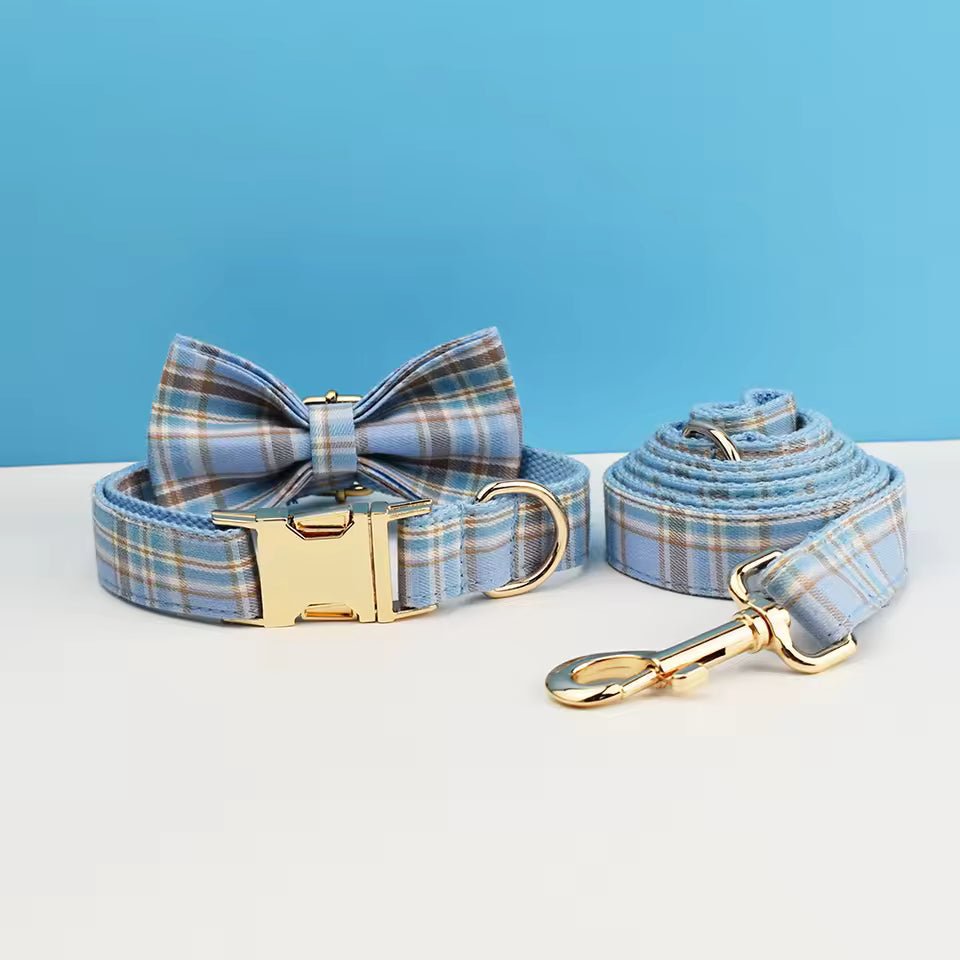 Light blue plaid pet collar set with bow tie and matching leash