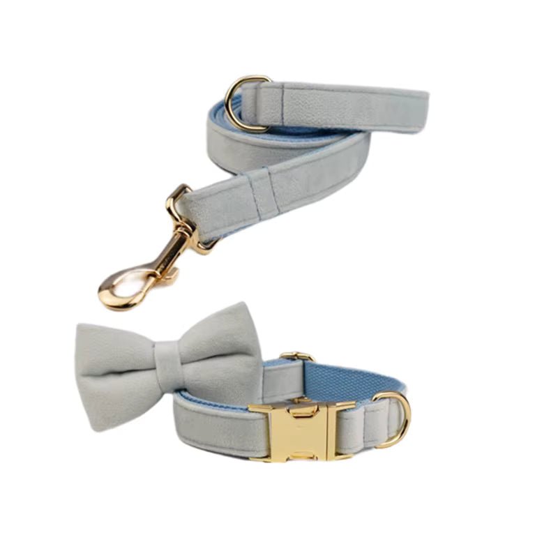 Personalized Light Blue Velvet Classic Set Fursace Luxury Dog Plush Toy - Collar + Leash + Bowtie Red Squeaky | Cookies Wagging Friends Boutique Cookies Wagging Friends Boutique