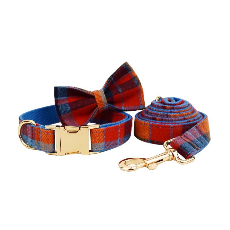 Personalized Midnight Copper Plaid Classic Set Fursace Luxury Dog Plush Toy - Collar + Leash + Bowtie Red Squeaky | Cookies Wagging Friends Boutique Cookies Wagging Friends Boutique
