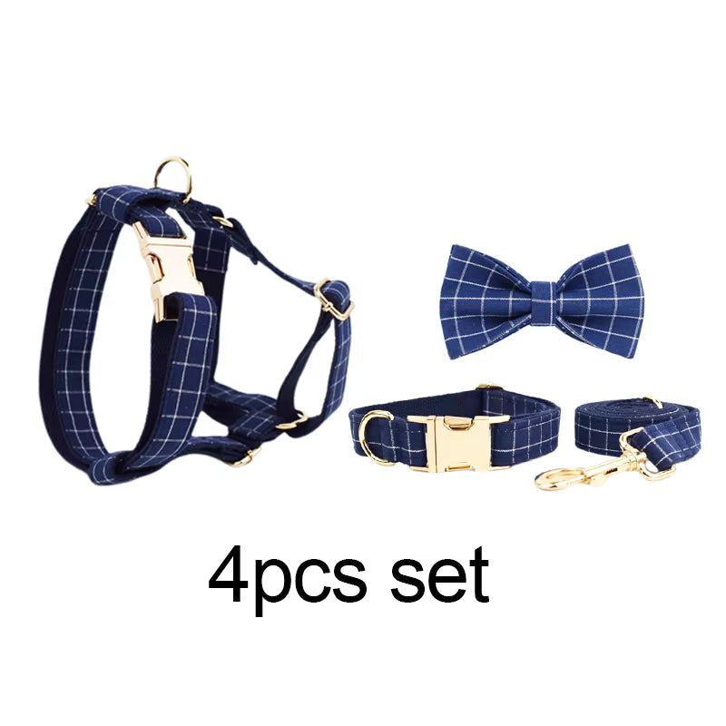 Personalized Plaid Dark Blue Classic Set Fursace Luxury Dog Plush Toy - Collar + Harness + Leash + Bowtie Red Squeaky | Cookies Wagging Friends Boutique Cookies Wagging Friends Boutique