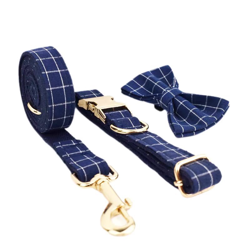 Personalized Plaid Dark Blue Classic Set Fursace Luxury Dog Plush Toy - Collar + Leash + Bowtie Red Squeaky | Cookies Wagging Friends Boutique Cookies Wagging Friends Boutique