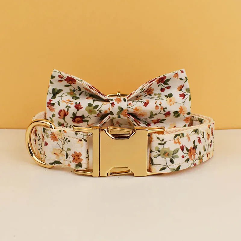 Floral dog collar with bowtie detail, adjustable buckle, ivory blossom print