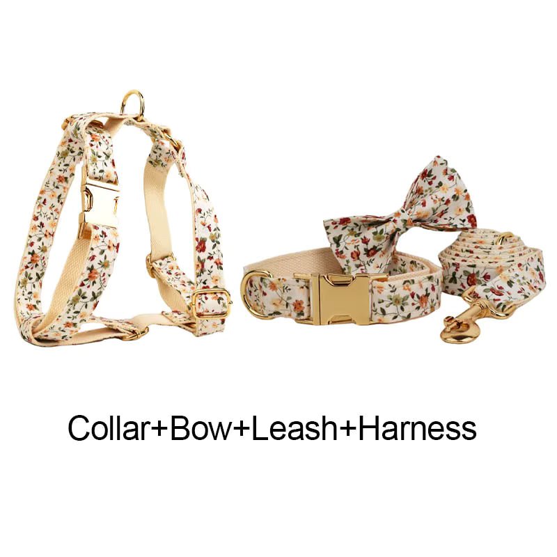 Floral dog set with collar, bowtie, leash, and harness with gold-tone hardware
