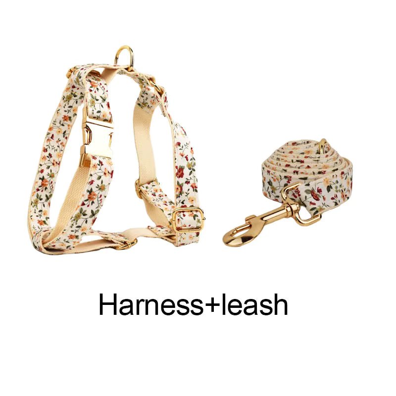 Floral dog harness with matching leash and gold-tone hardware, ivory blossom print