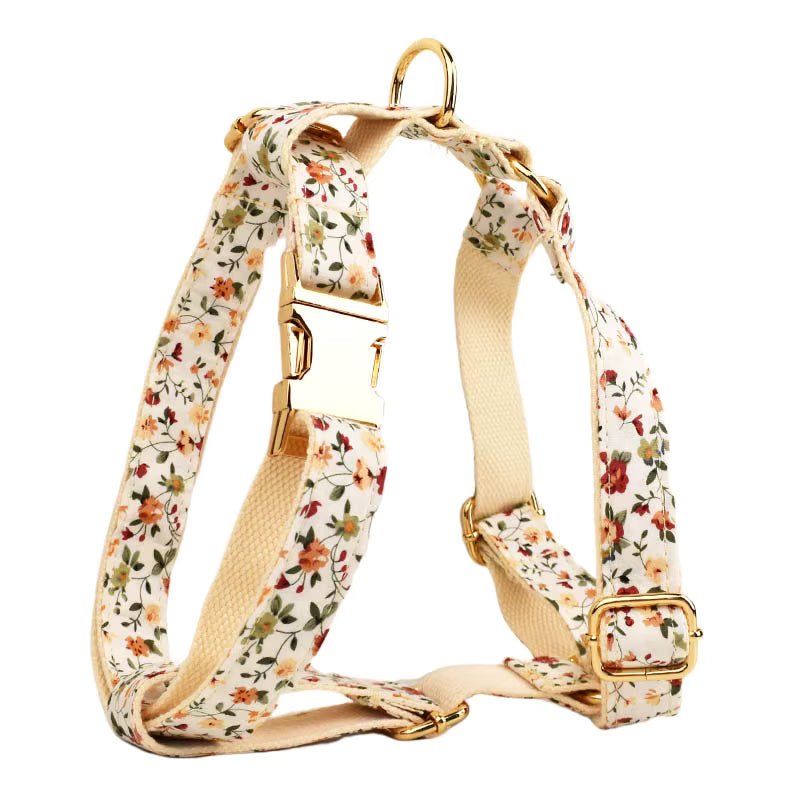 Floral dog harness with front straps and metal buckles in soft ivory blossom print