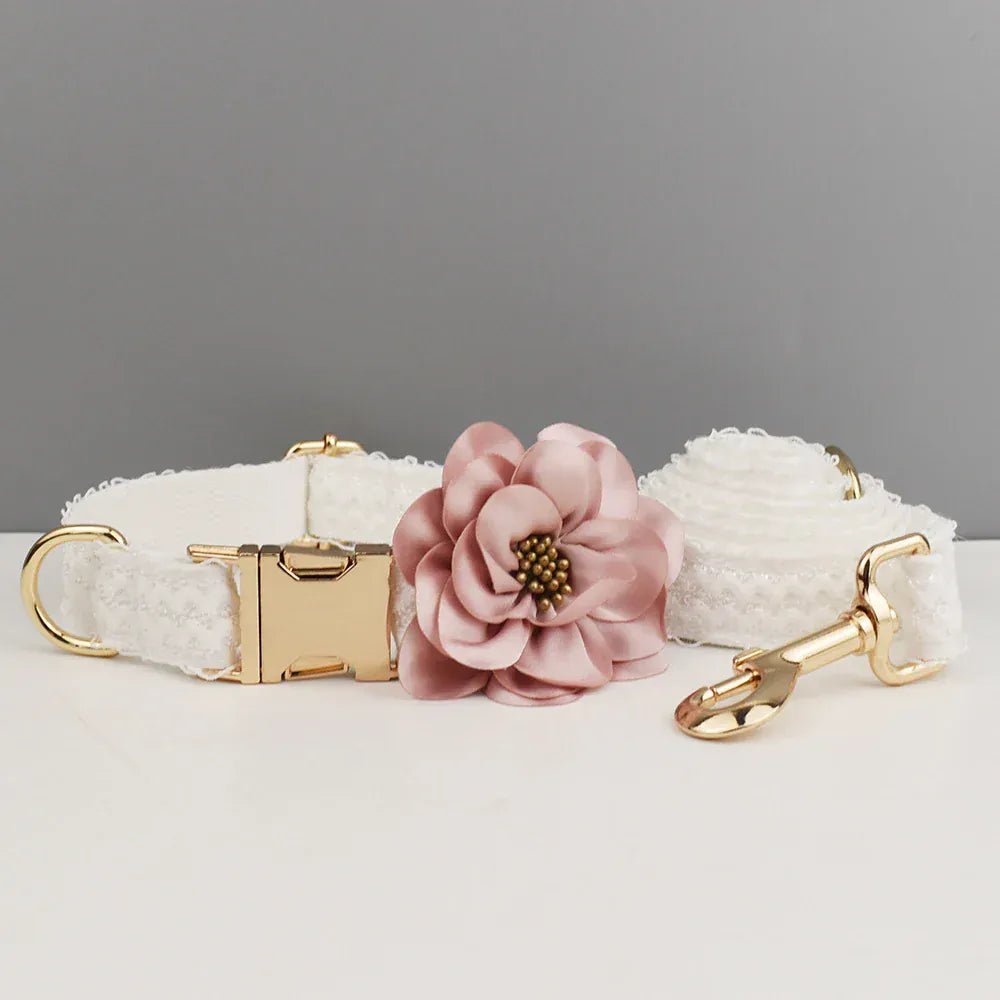 White lace pet collar and leash set with pink flower and gold hardware