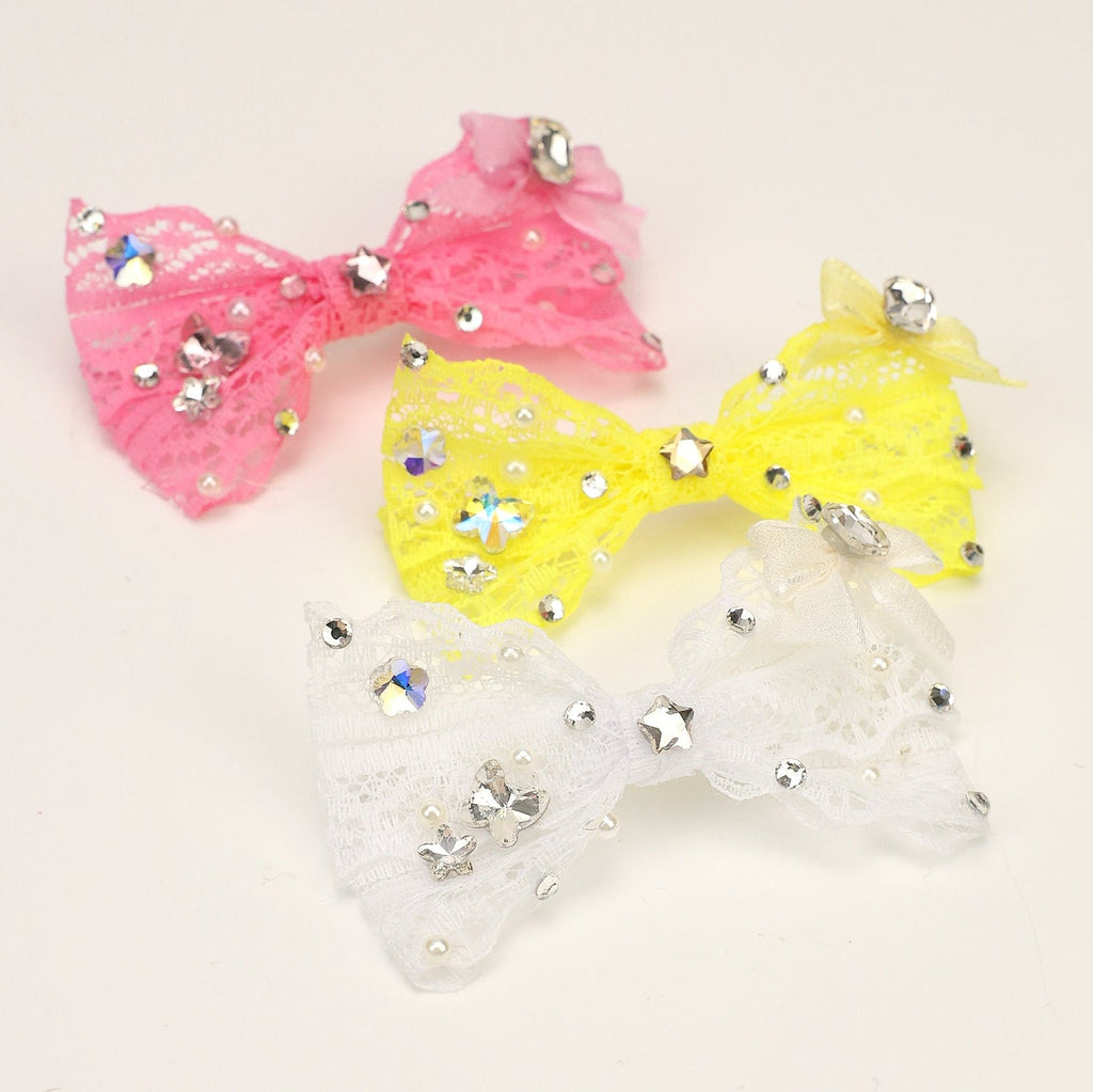 Lace rhinestone bow hair clips: pink, yellow, and white bows