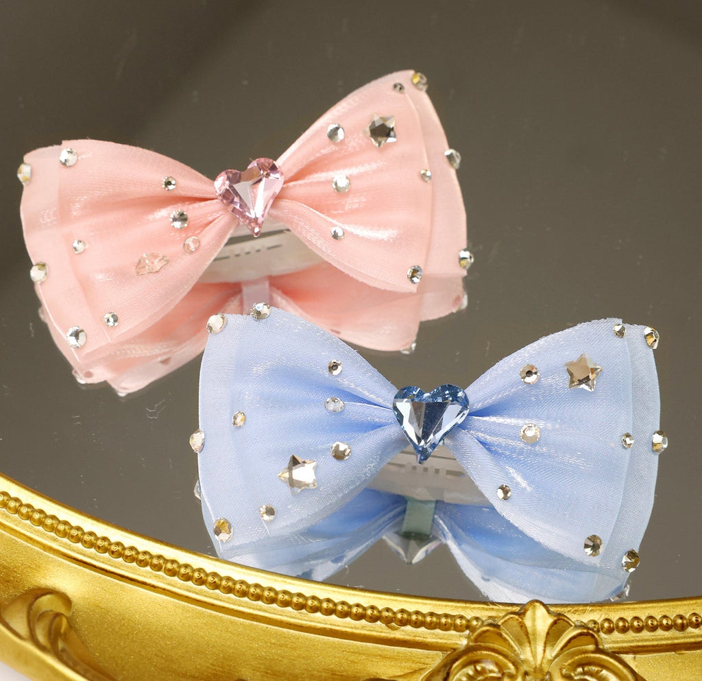 Pet rhinestone heart bow hair clips, pink and blue with jeweled center