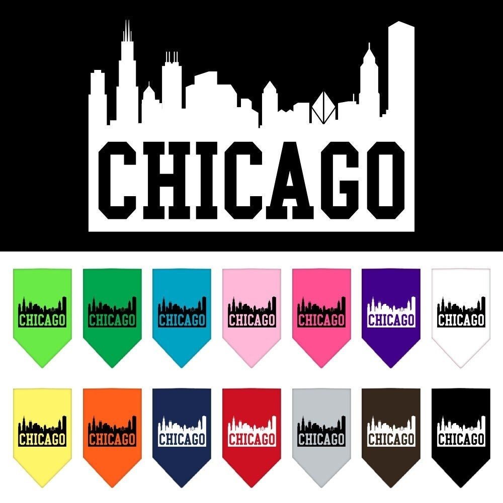Pet and dog bandana set with Chicago skyline screen print, assorted colors