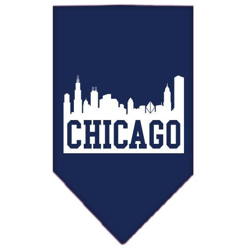 Navy blue pet and dog bandana with Chicago skyline screen print