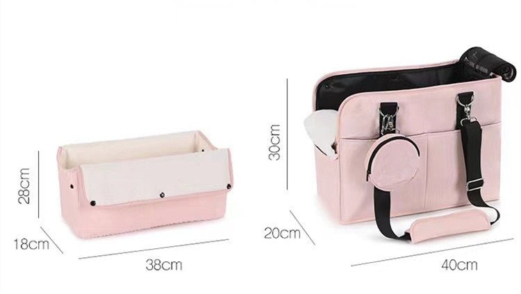 Pink portable dog bag size diagram with overall dimensions shown in cm