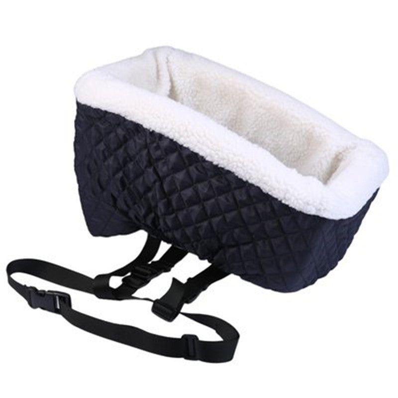 Black quilted pet carrier bag with white sherpa top and black adjustable straps