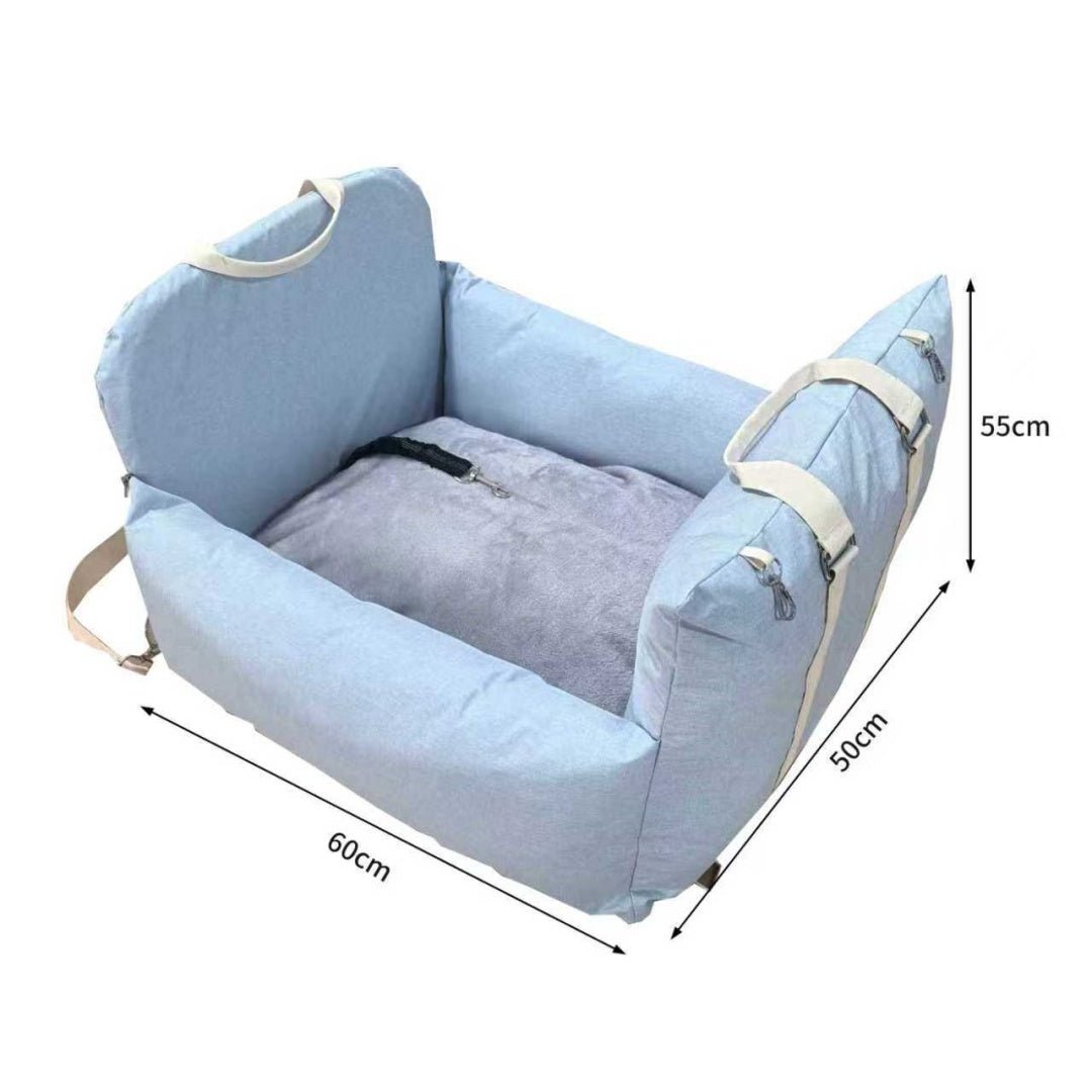 Blue pet car safety seat with light gray inner cushion and adjustable side straps