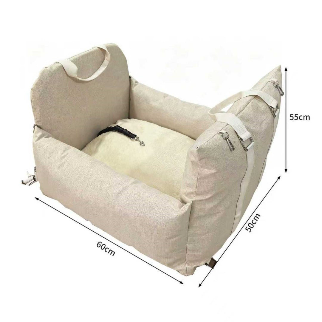 Cream pet car safety seat with beige inner cushion and side safety straps