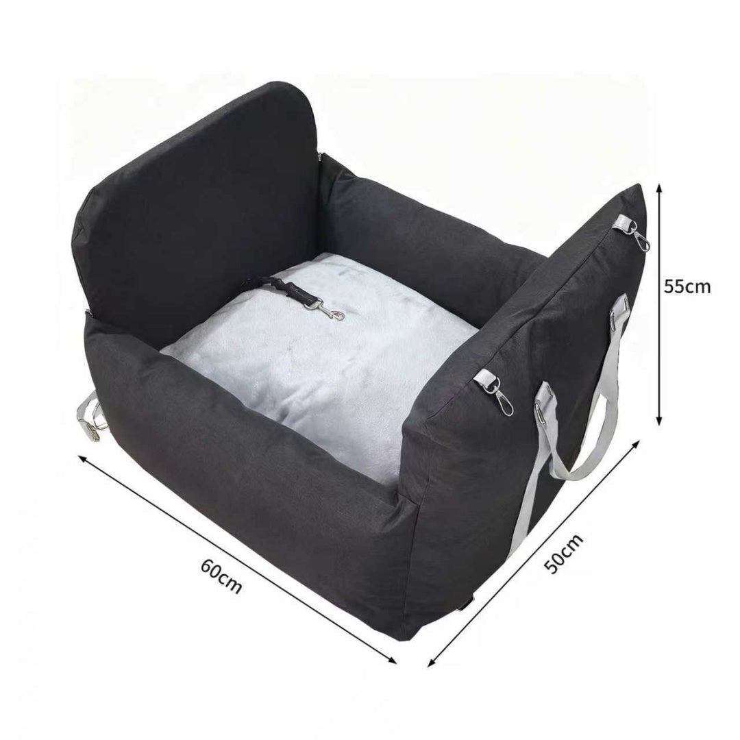 Black pet car safety seat with light gray inner cushion and side safety straps