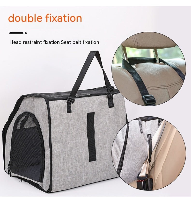 Gray portable dog car pet cage with seat belt and head restraint fixing straps