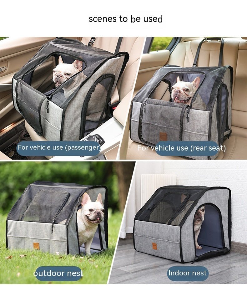 Gray foldable dog car pet cage set up for front and rear seat use with mesh panels