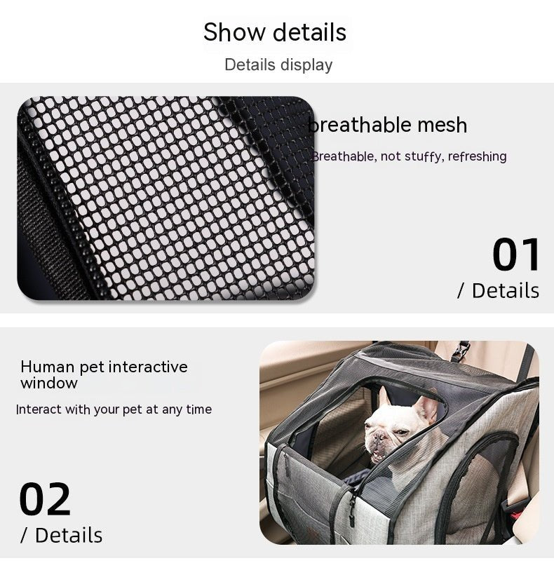 Gray dog car pet cage with breathable mesh panels and interactive side mesh window