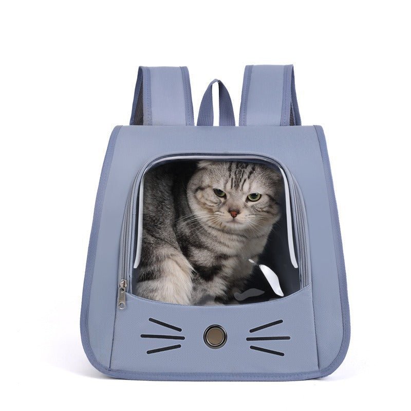 Blue cat backpack carrier with cat-face front and clear window, holding a tabby cat