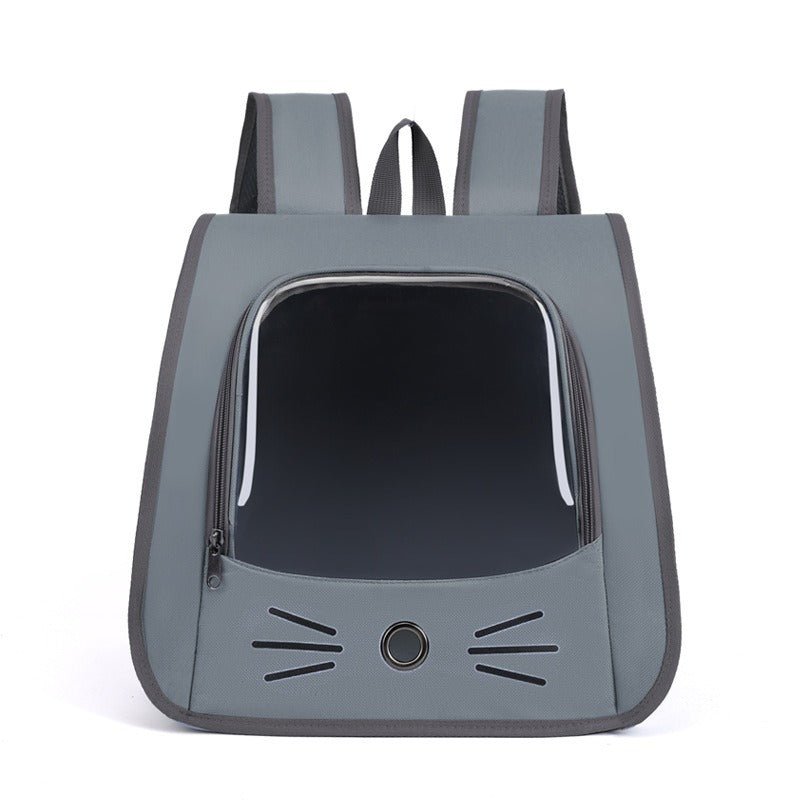 Gray cat backpack carrier with cat-face front and clear window panel