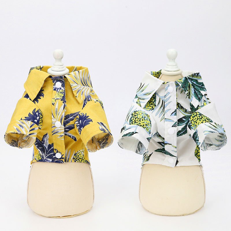 Yellow and white tropical dog summer shirts with long back and button closure