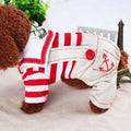 Red-and-white striped dog sailor outfit with anchor embroidery, snap buttons, soft fabric coveralls