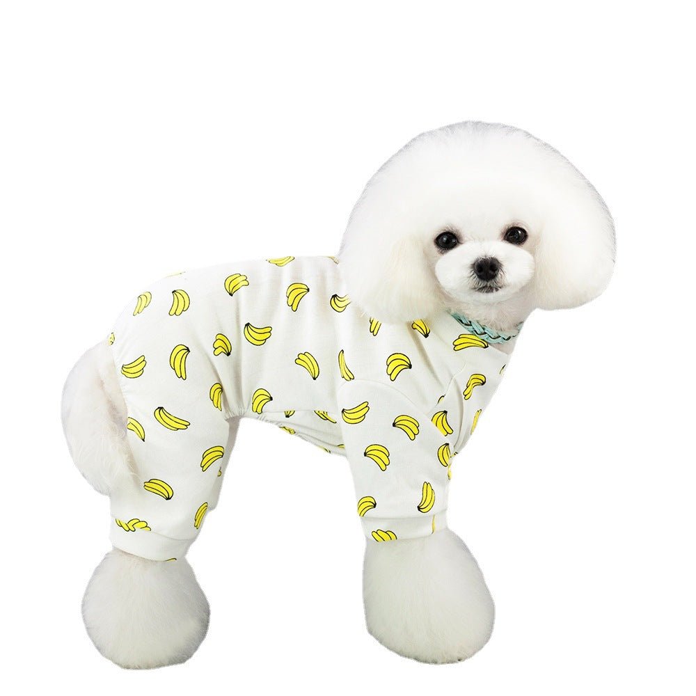 Pet pajama set in white with repeating yellow banana print and elastic cuffs