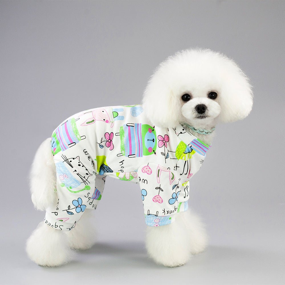 Pet pajama set in white with colorful animal-doodle print and ribbed cuffs