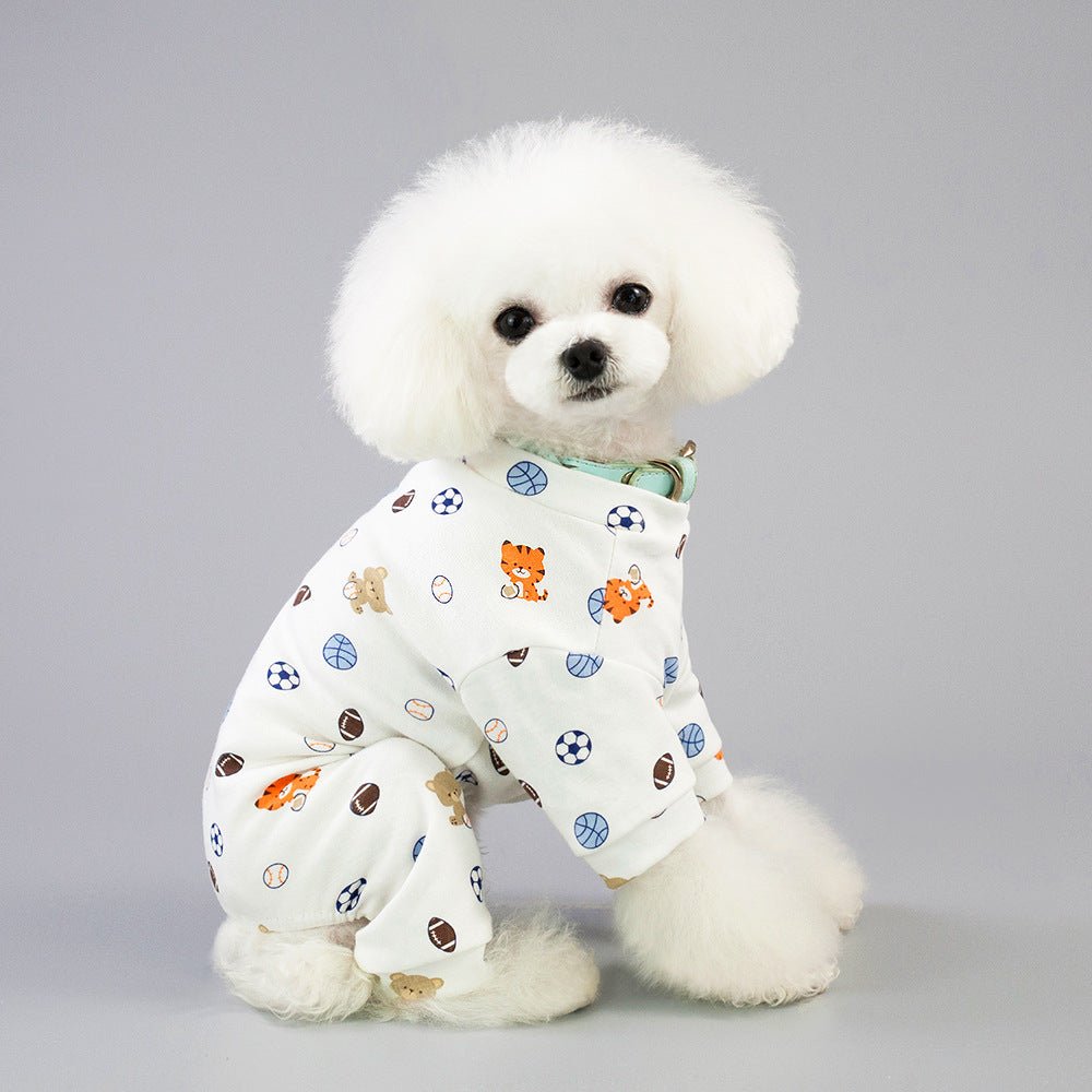 Pet pajama set in white with soccer-ball and small animal print; long sleeves