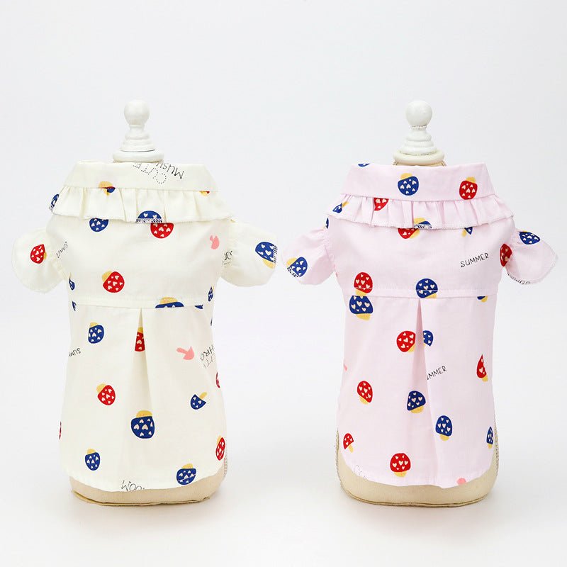 Pet shirts on mannequins, back view: cream and light pink with icon print