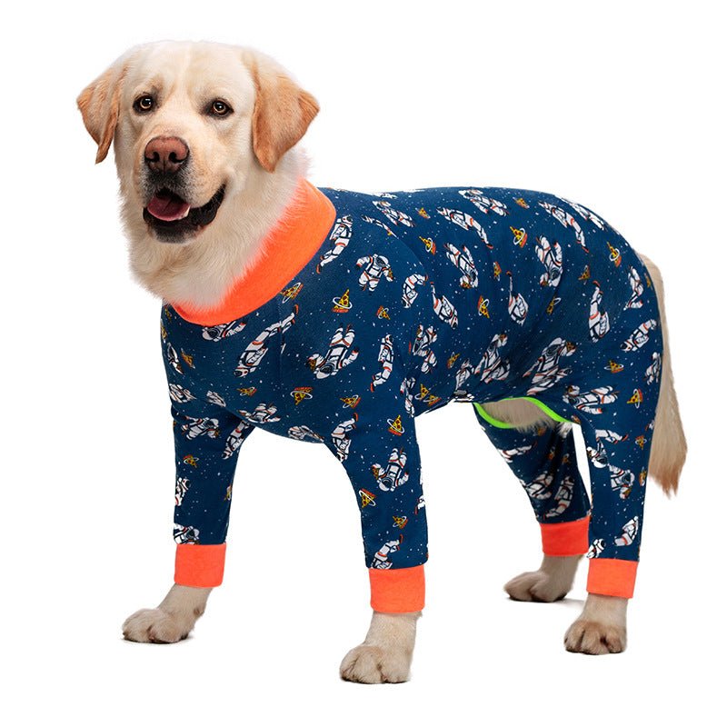 Blue space-pattern dog onesie with orange cuffs and long-leg coverage
