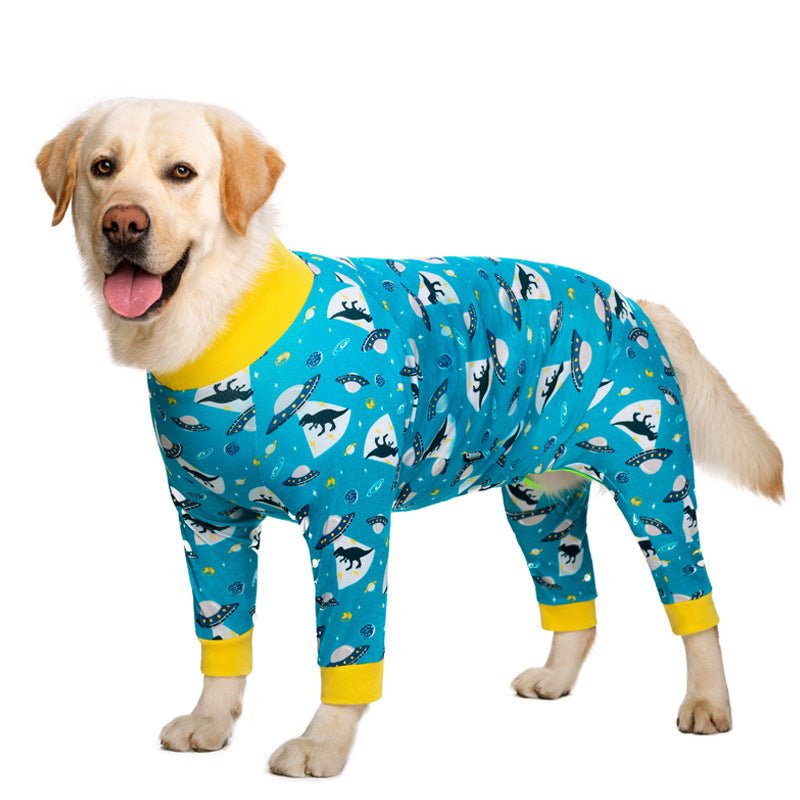 Blue dog onesie with yellow collar, yellow cuffs, and animal-themed print