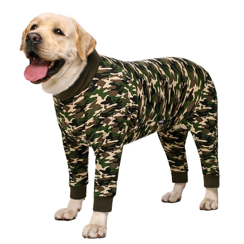 Green and brown camouflage dog onesie with dark cuffs and full-body fit