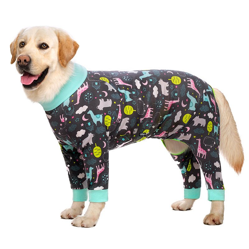 Dark patterned dog onesie with colorful icons and light teal cuffs