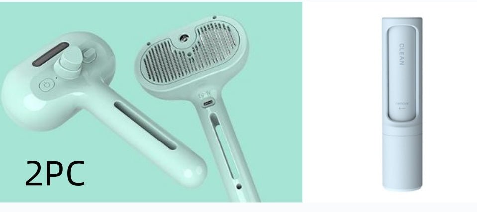 Self-cleaning pet grooming brush with mint handle and separate USB charger unit