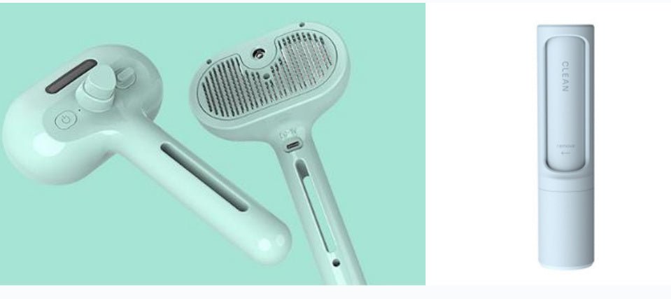 Self-cleaning pet grooming brush with mint handle and separate USB charging stand