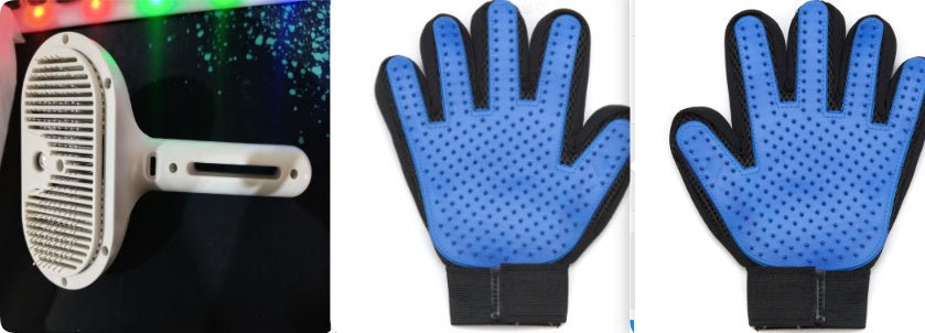 Self-cleaning pet grooming brush with mist effect and blue rubber gloves