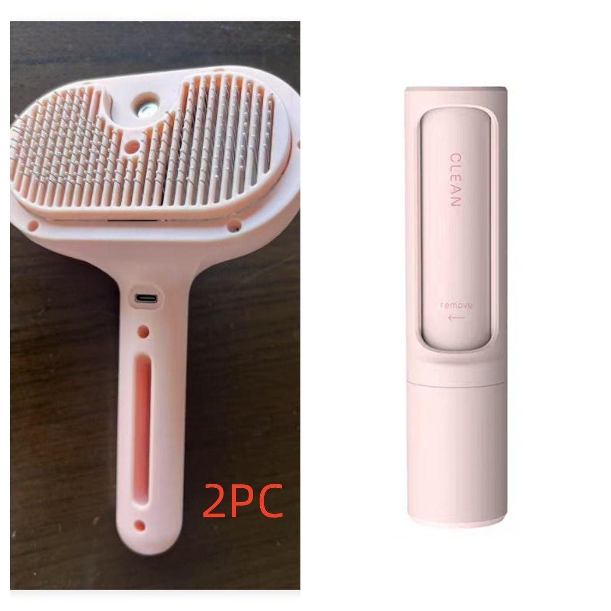 Self-cleaning pet grooming brush with pink handle and matching charging unit