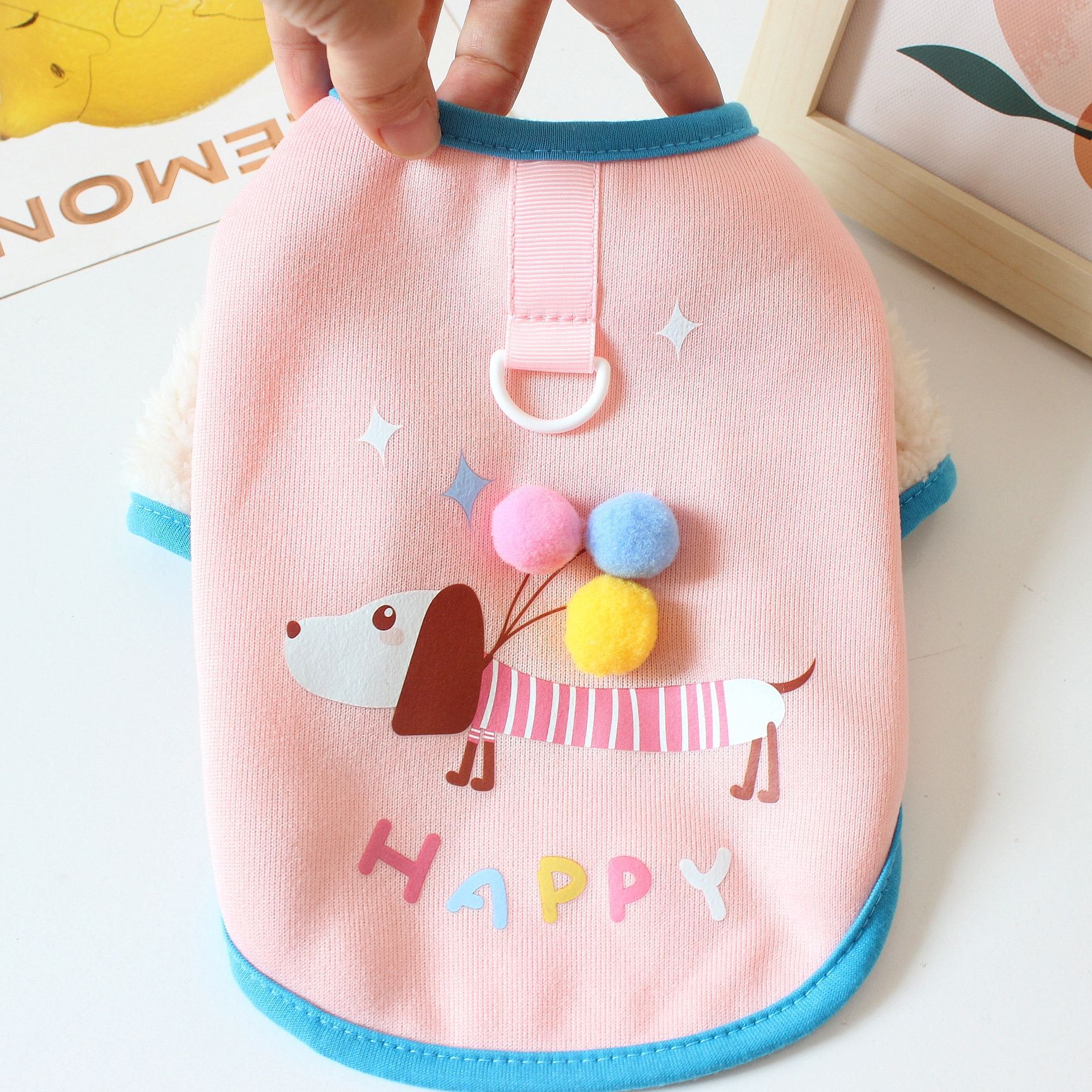 Pink fleece-lined dog sweatshirt vest with dachshund balloon graphic and Happy text, front