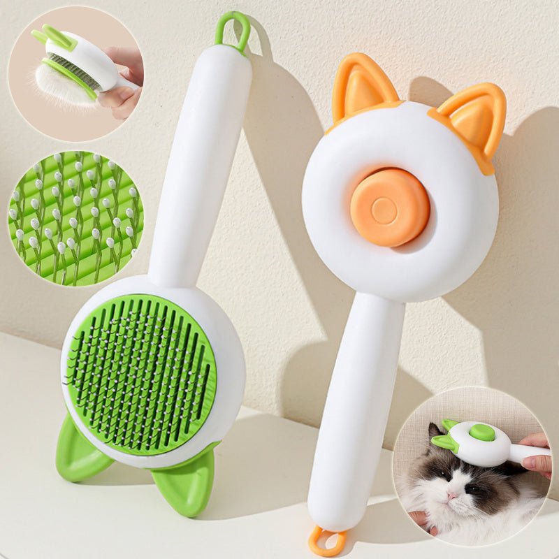Self-cleaning pet hair grooming brush, white handle with green bristle pad and cat ears