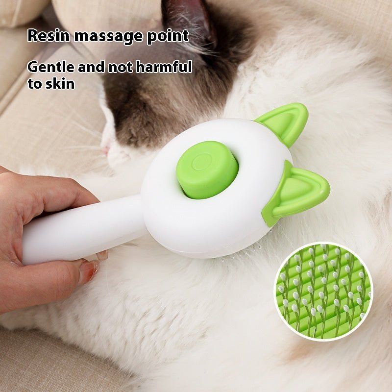 Self-cleaning cat and dog grooming brush, green bristle pad and rounded green cleaning button
