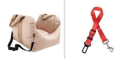 Beige pet car carrier seat basket with black strap and red safety strap set