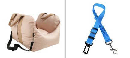 Beige pet car carrier seat basket with black strap and blue safety strap set