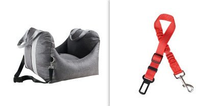 Grey dog car carrier seat with front opening and attached shoulder strap